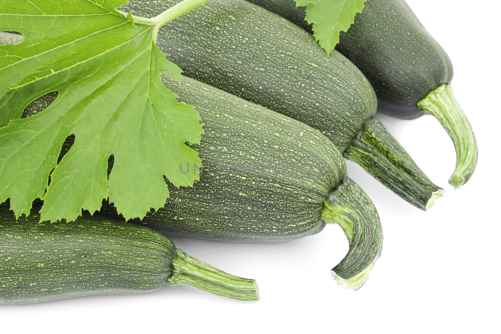 Four large courgettes on a white background 