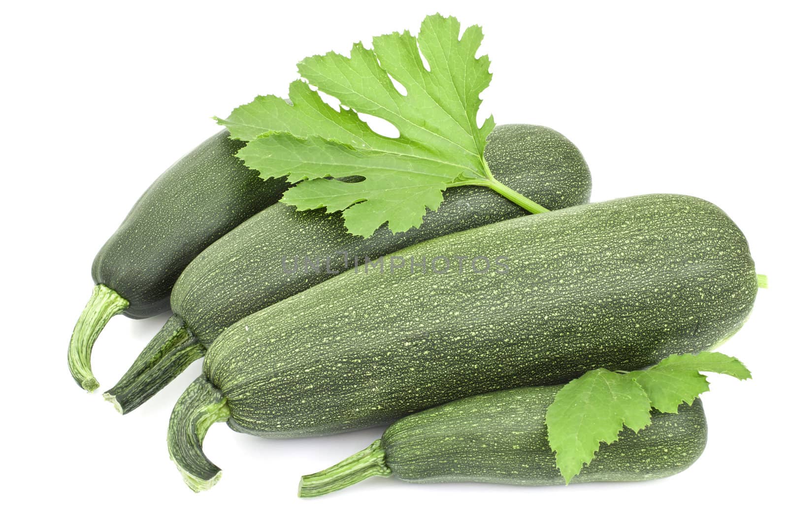 Four large courgettes on a white background 