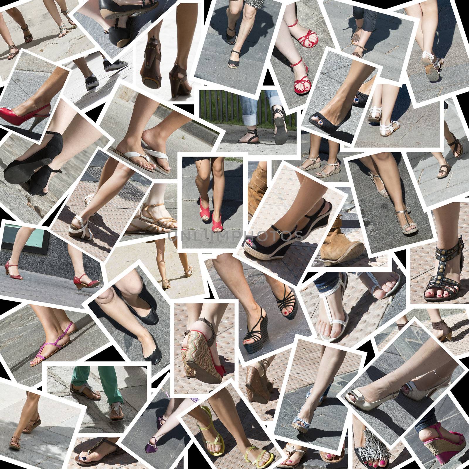 Collage made of photos about foot and summer shoes.