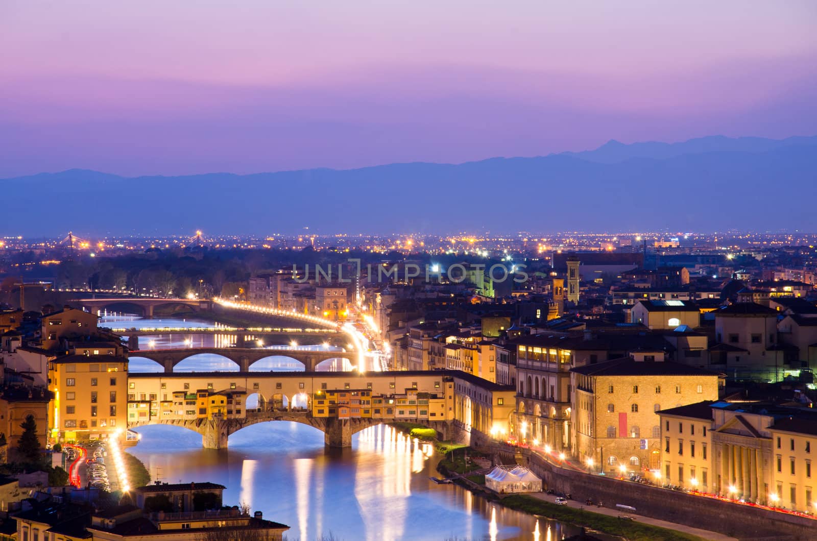 Beautiful sunset over the river Arno in Florence, Italy,