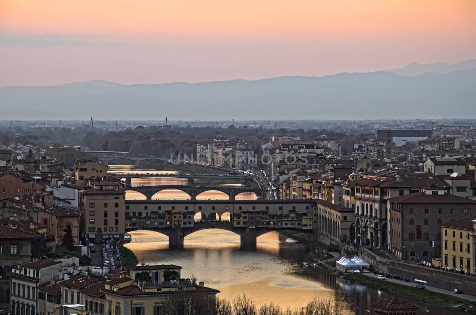 Beautiful sunset over the river Arno in Florence, Italy,