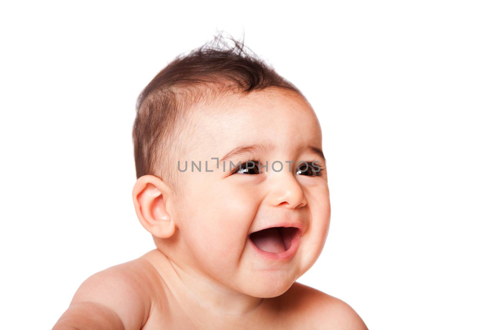 Beautiful expressive adorable happy cute laughing smiling baby infant face from side, isolated.