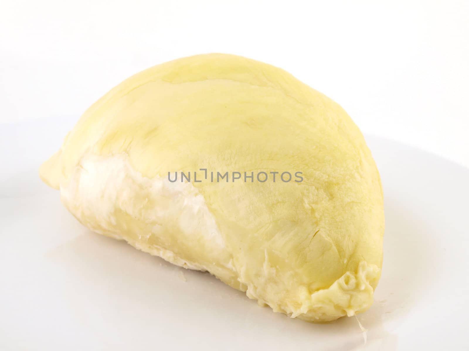 Close up of peeled durian flesh isolated on white background        