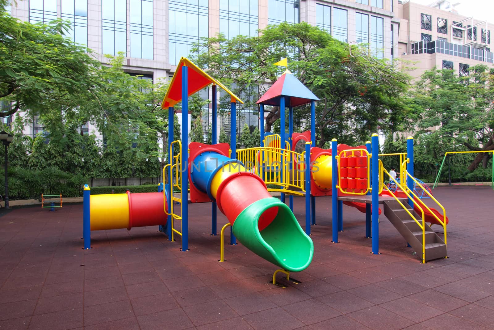 Colorful playground in a city park.