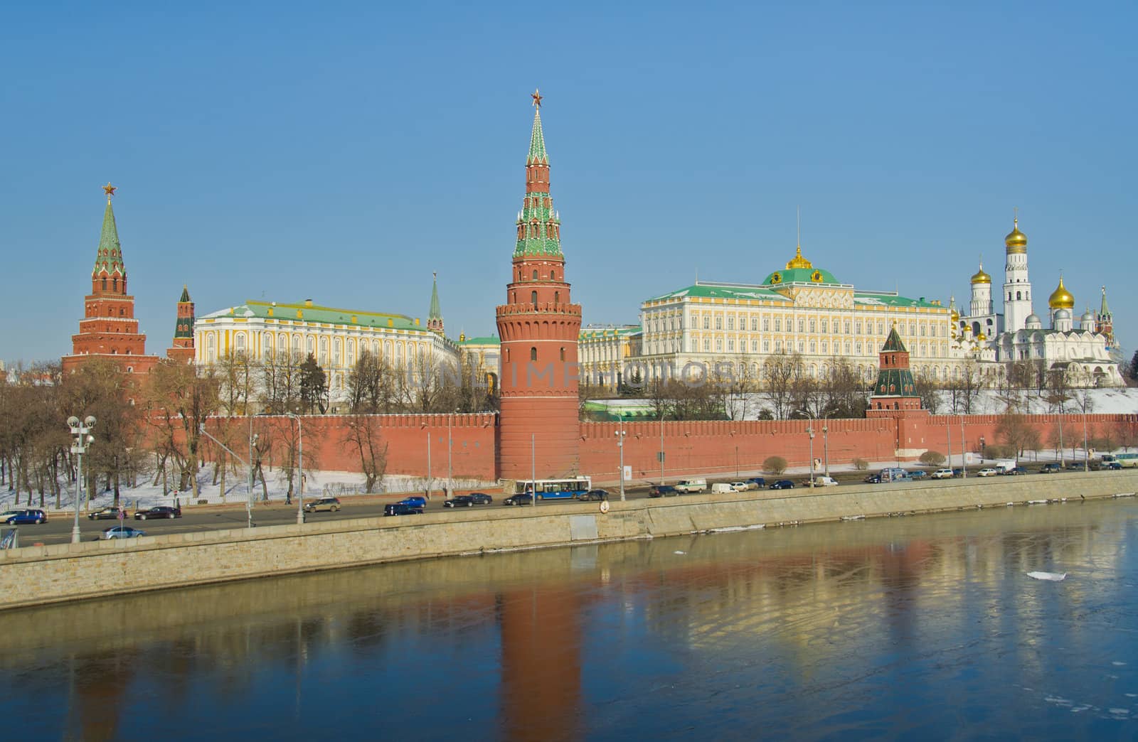 Kind to the Moscow Kremlin and Moskva River in winter day. Russia