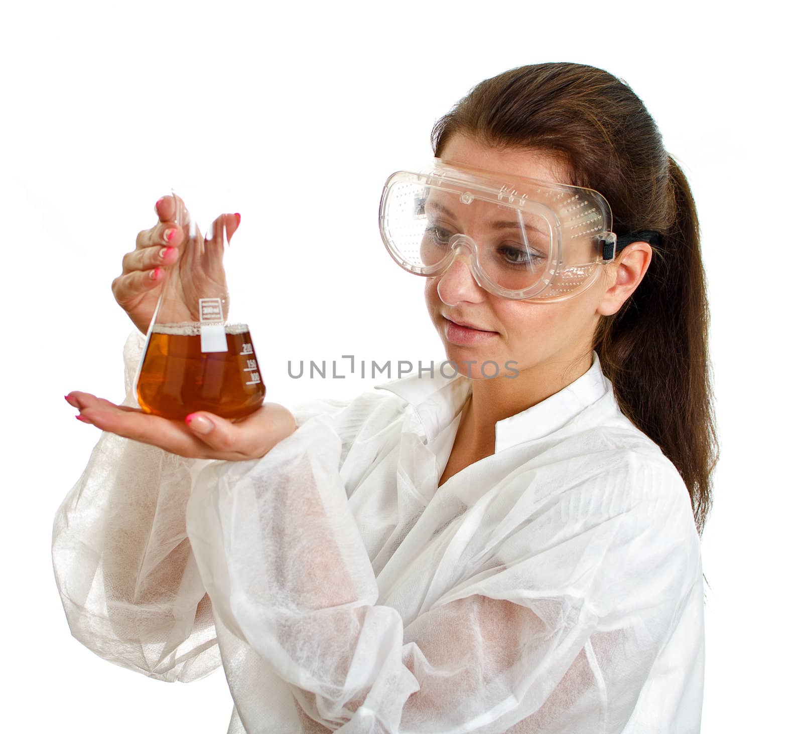 Female scientist in lab coat with chemical glassware. Isolated on white.