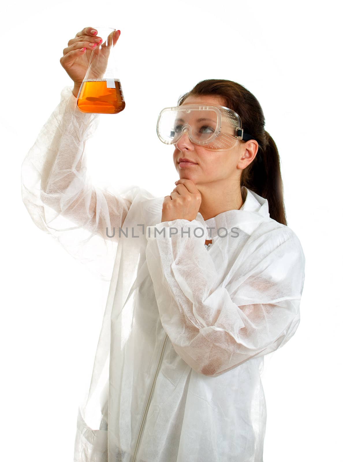 Female scientist in lab coat with chemical glassware. Isolated on white.