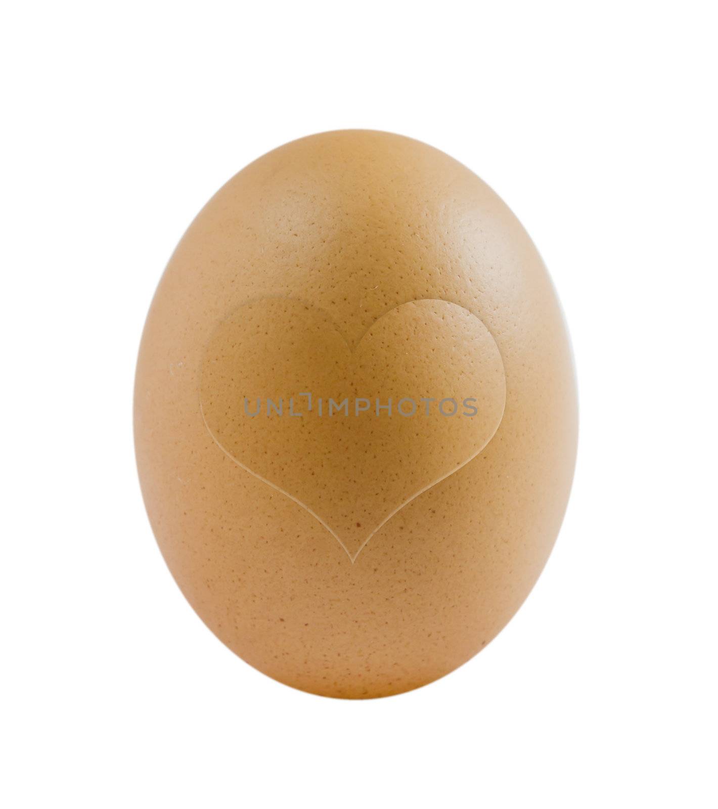 single brown egg with heart shape on white background