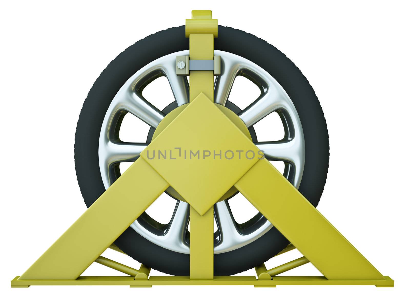 Car wheel clamp – punishment for illegal parking. 3D rendered image.