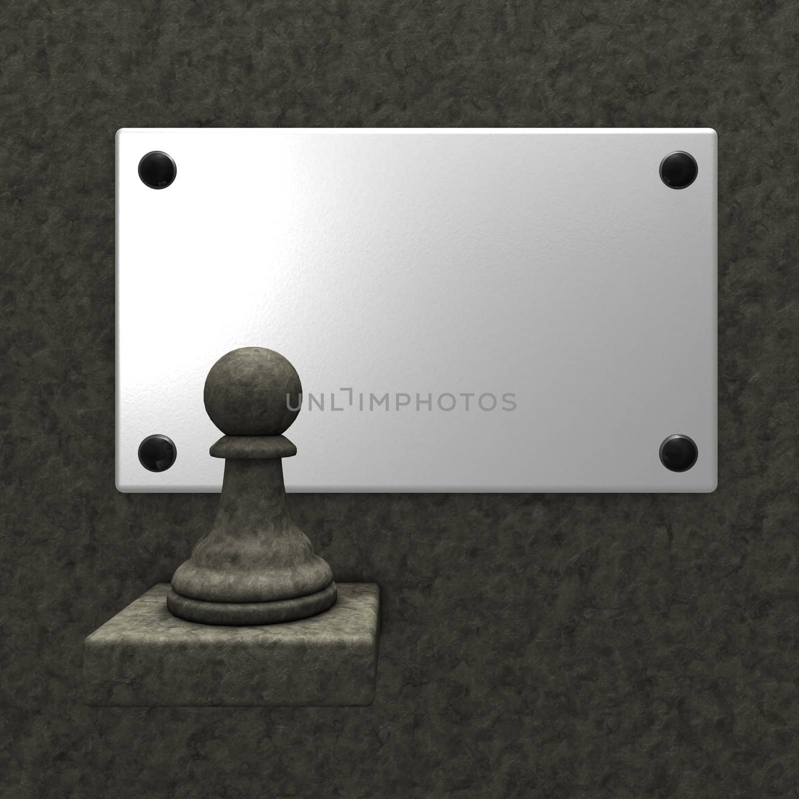 stone chess pawn and blank white sign - 3d illustration
