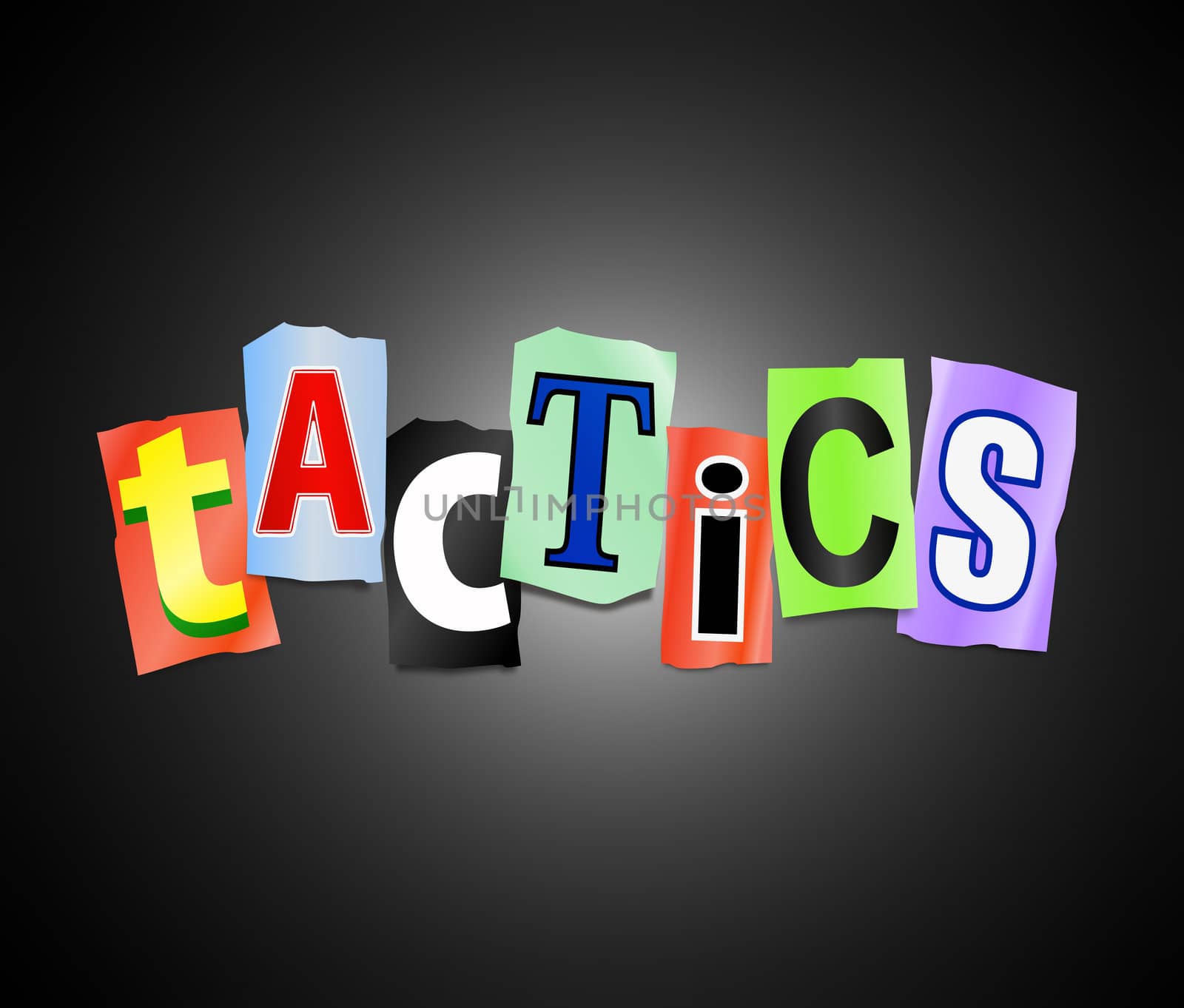 Illustration depicting cut out letters arranged to form the word tactics.
