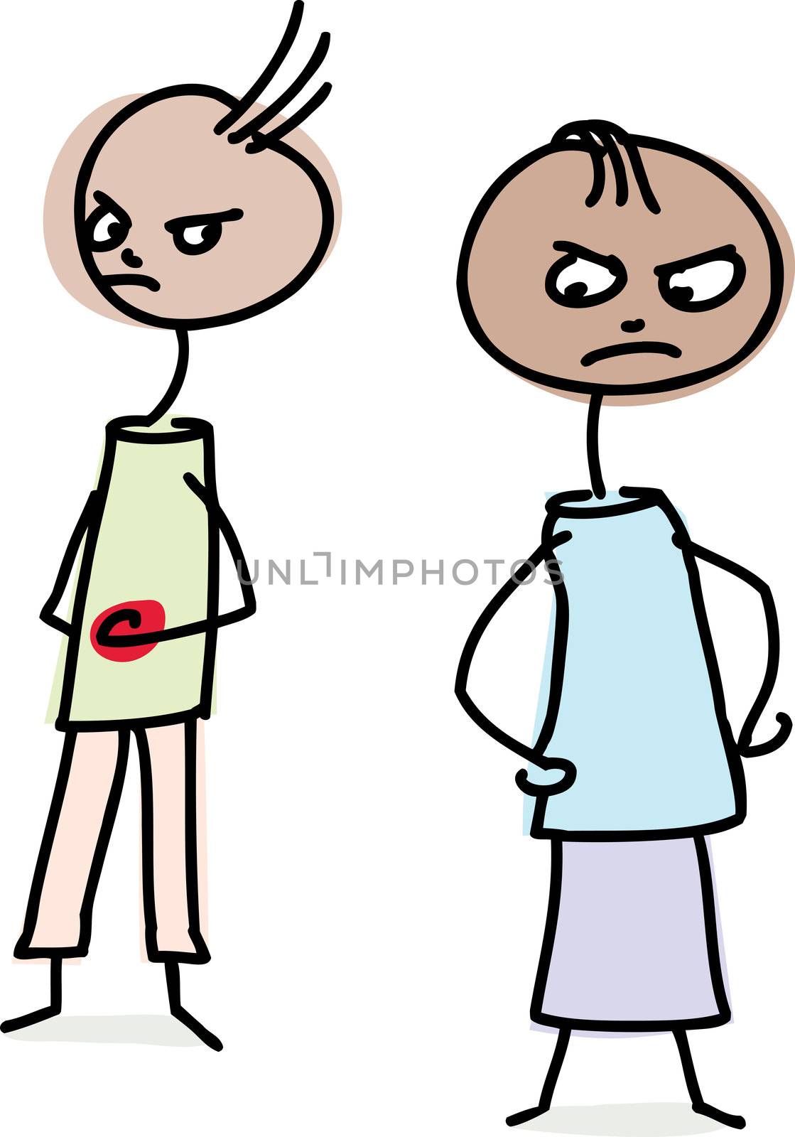 Angry man and woman stick figure over white background