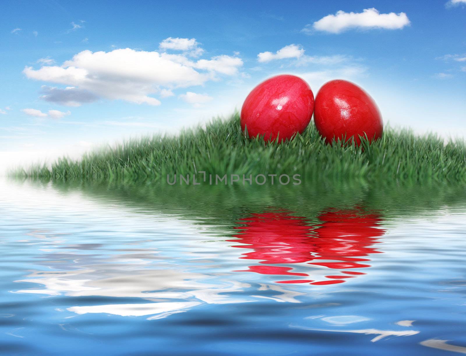 Red Easter eggs on a small hill by photochecker