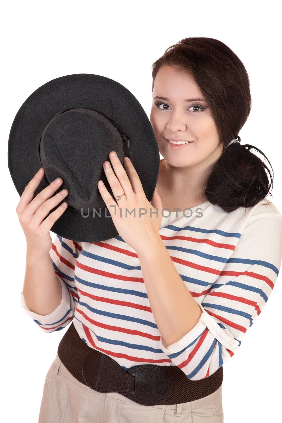 The smiling plump girl with a hat isolated on  white