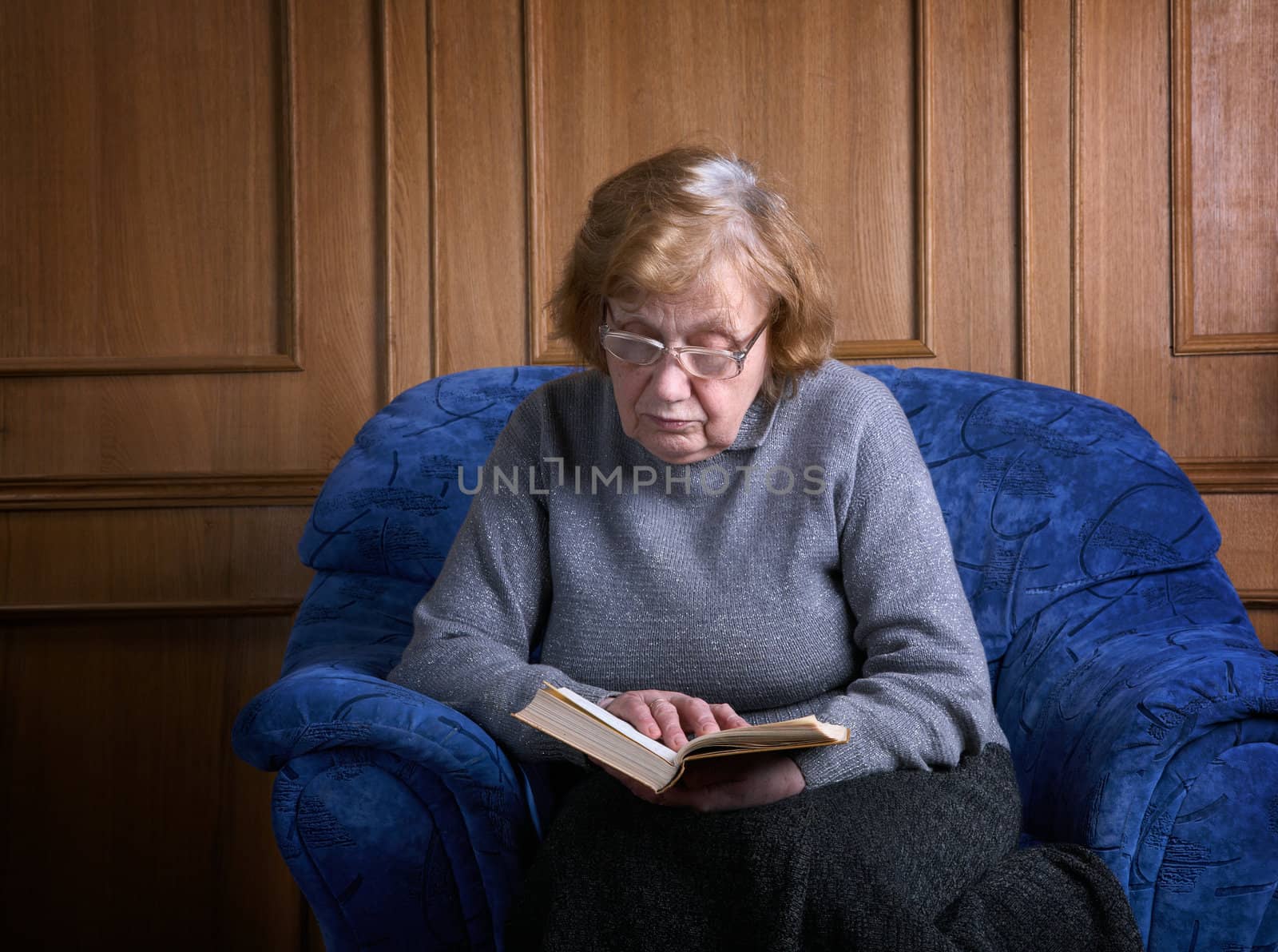 The grandmother in an armchair with the book