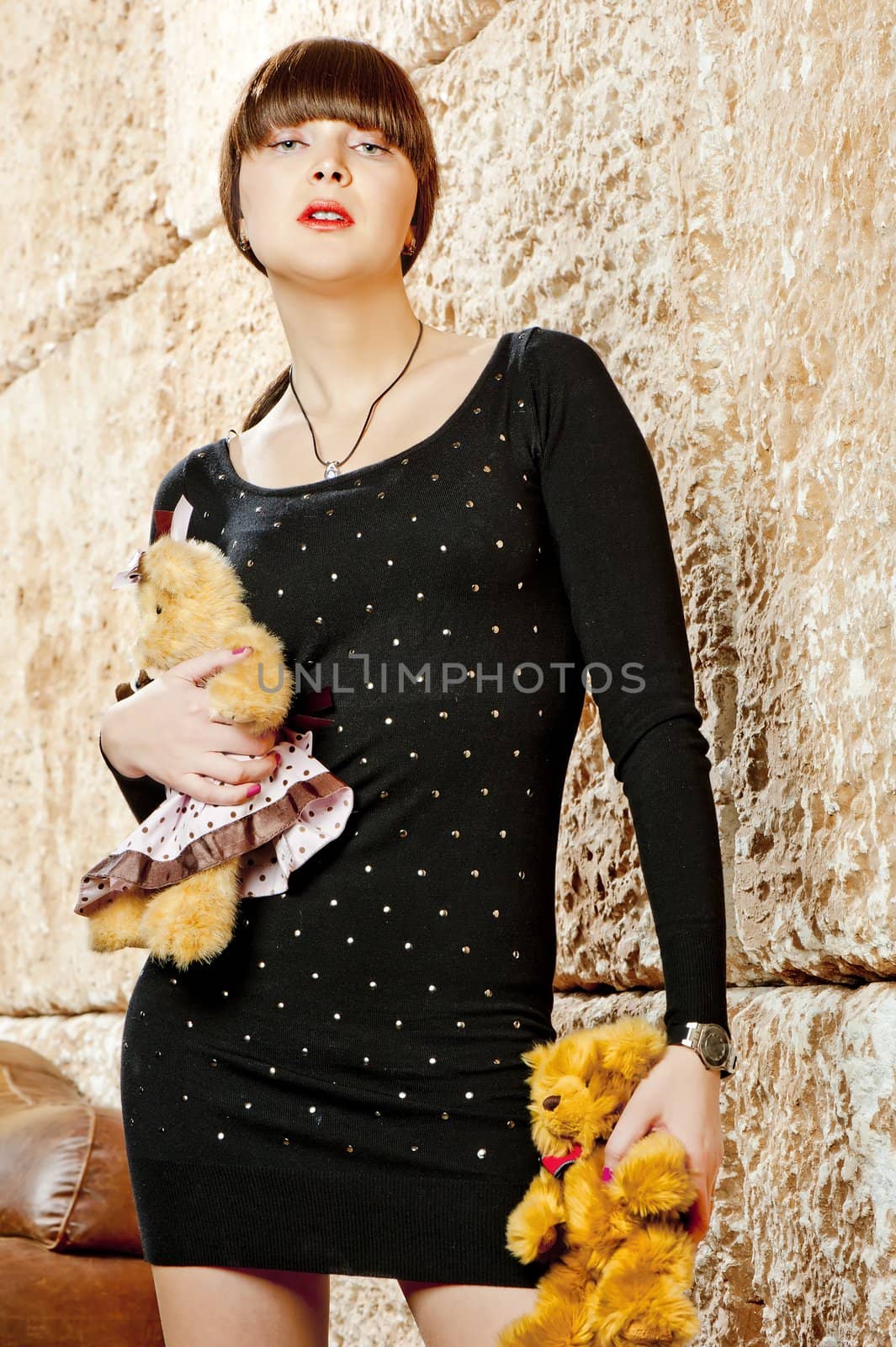 Girl with bangs in a black dress posing with teddy bears by kosmsos111
