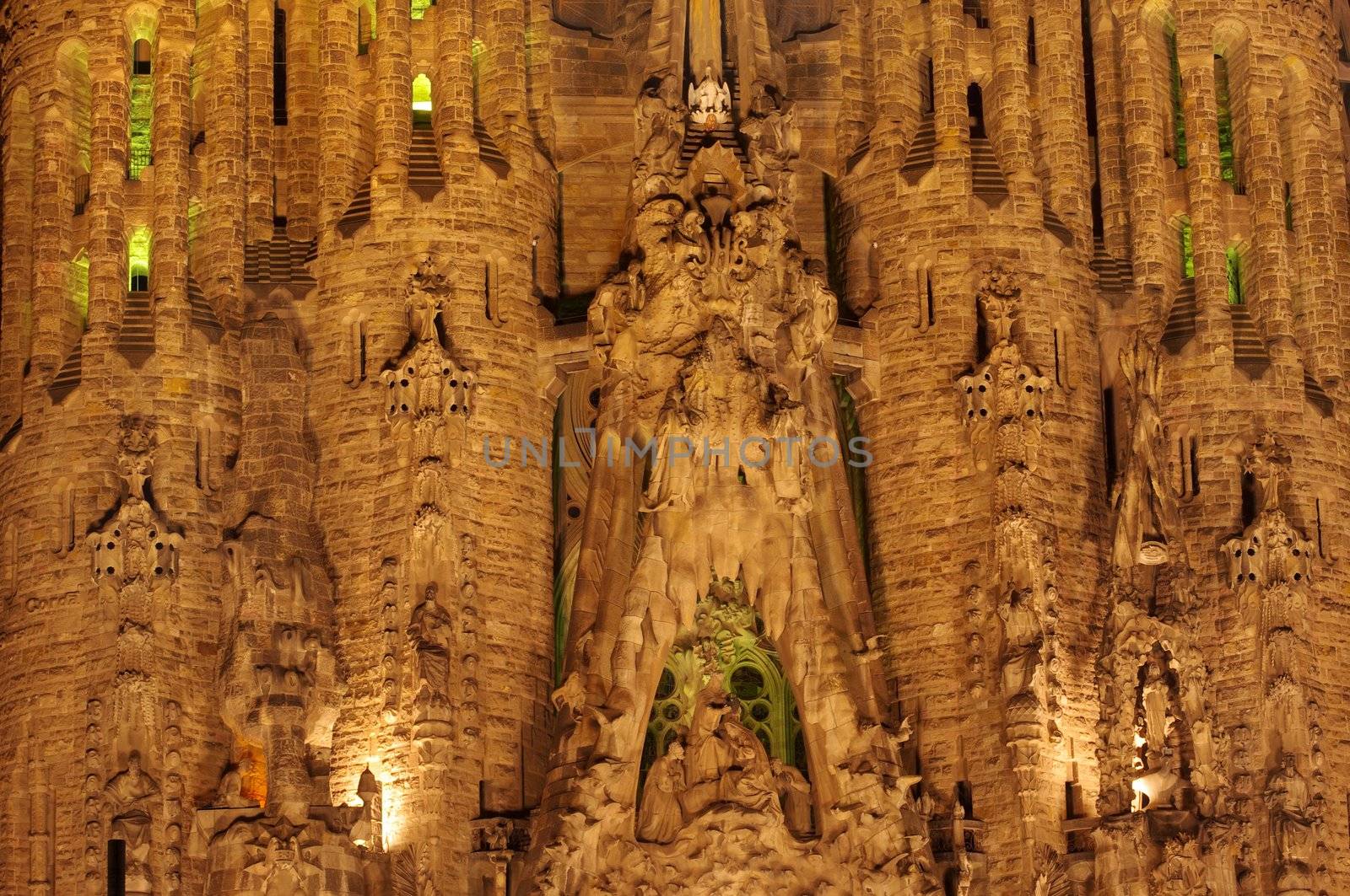 Sagrada Familia cathedral  details, night scene 