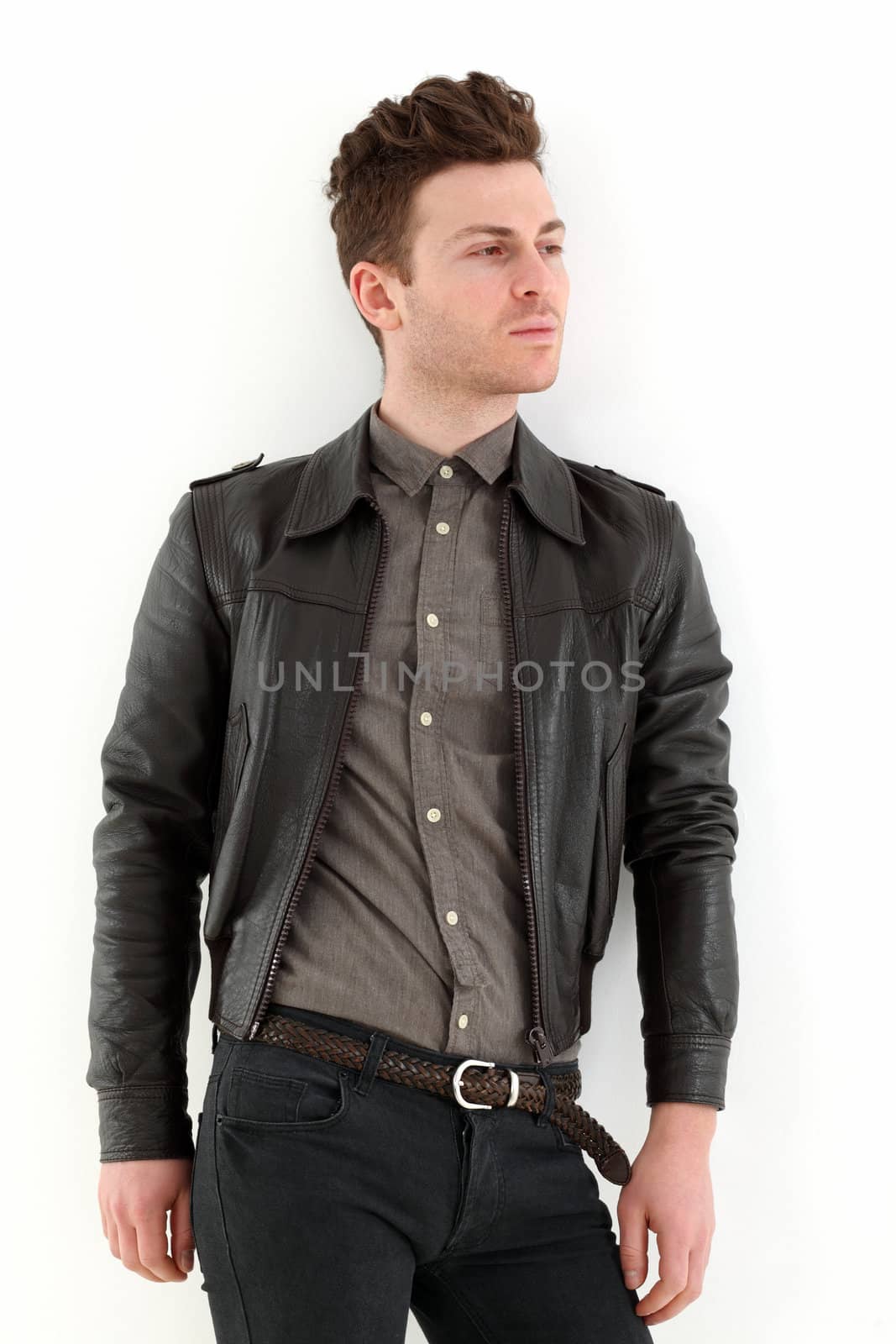 Young russian model on white background with leather jacket