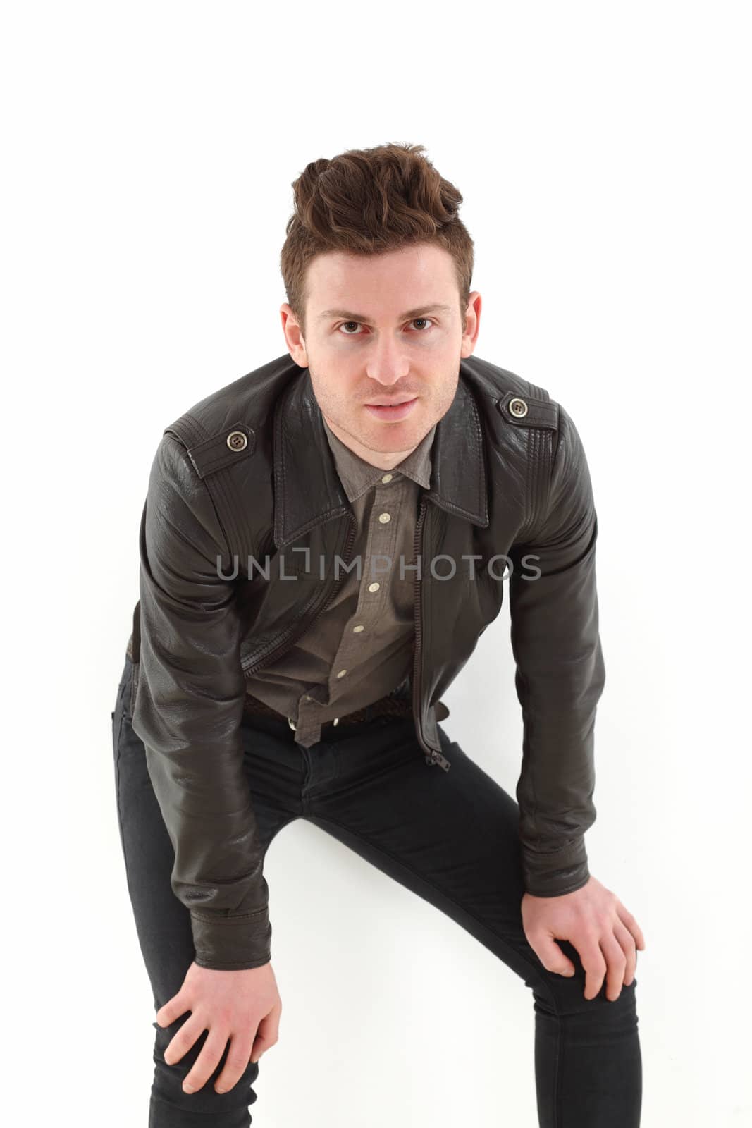 Young russian model on white background with leather jacket