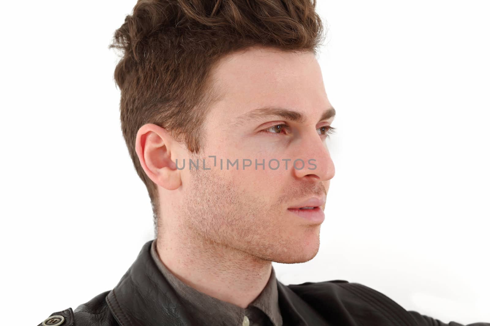 Young russian model on white background with leather jacket