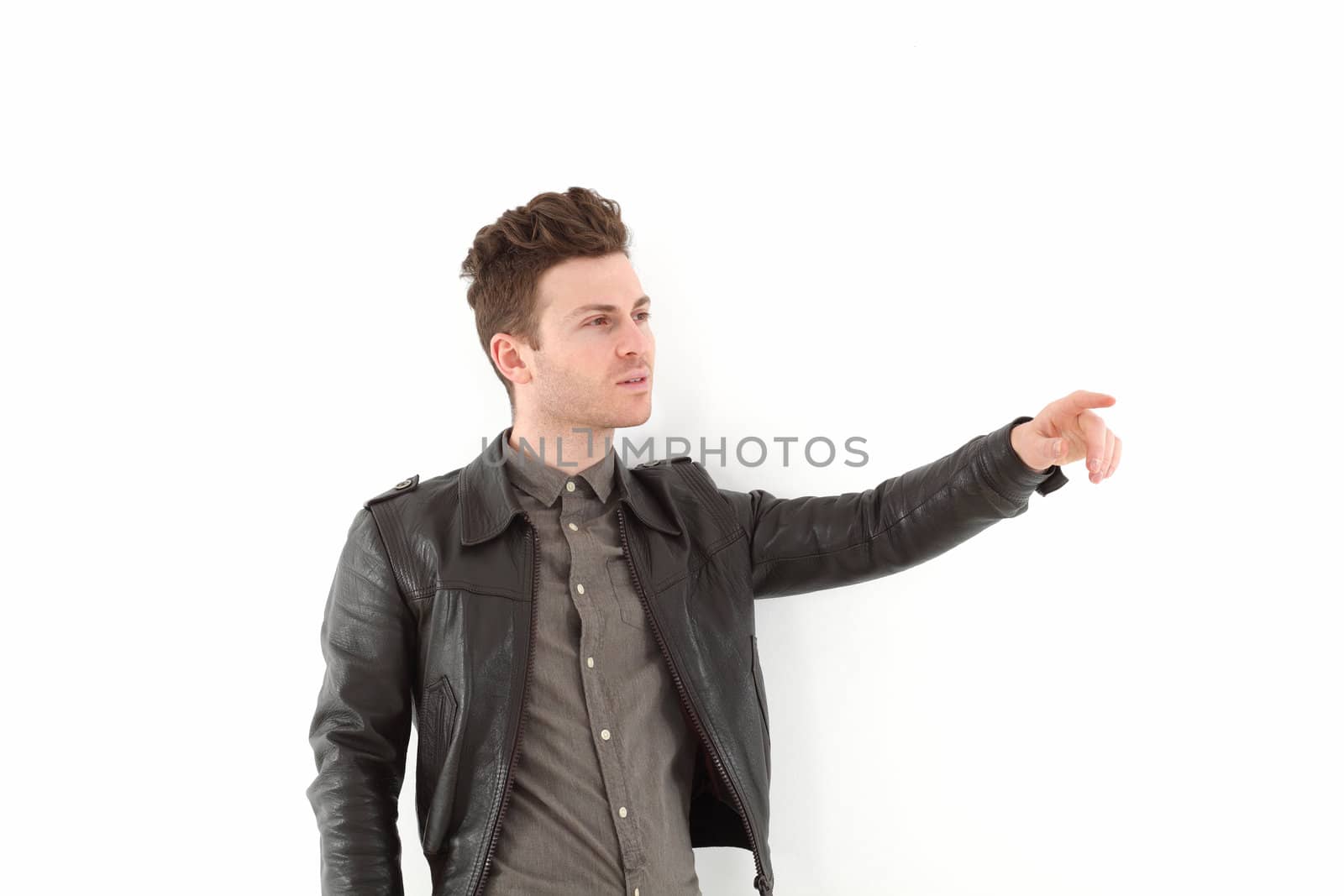 Young russian model on white background with leather jacket