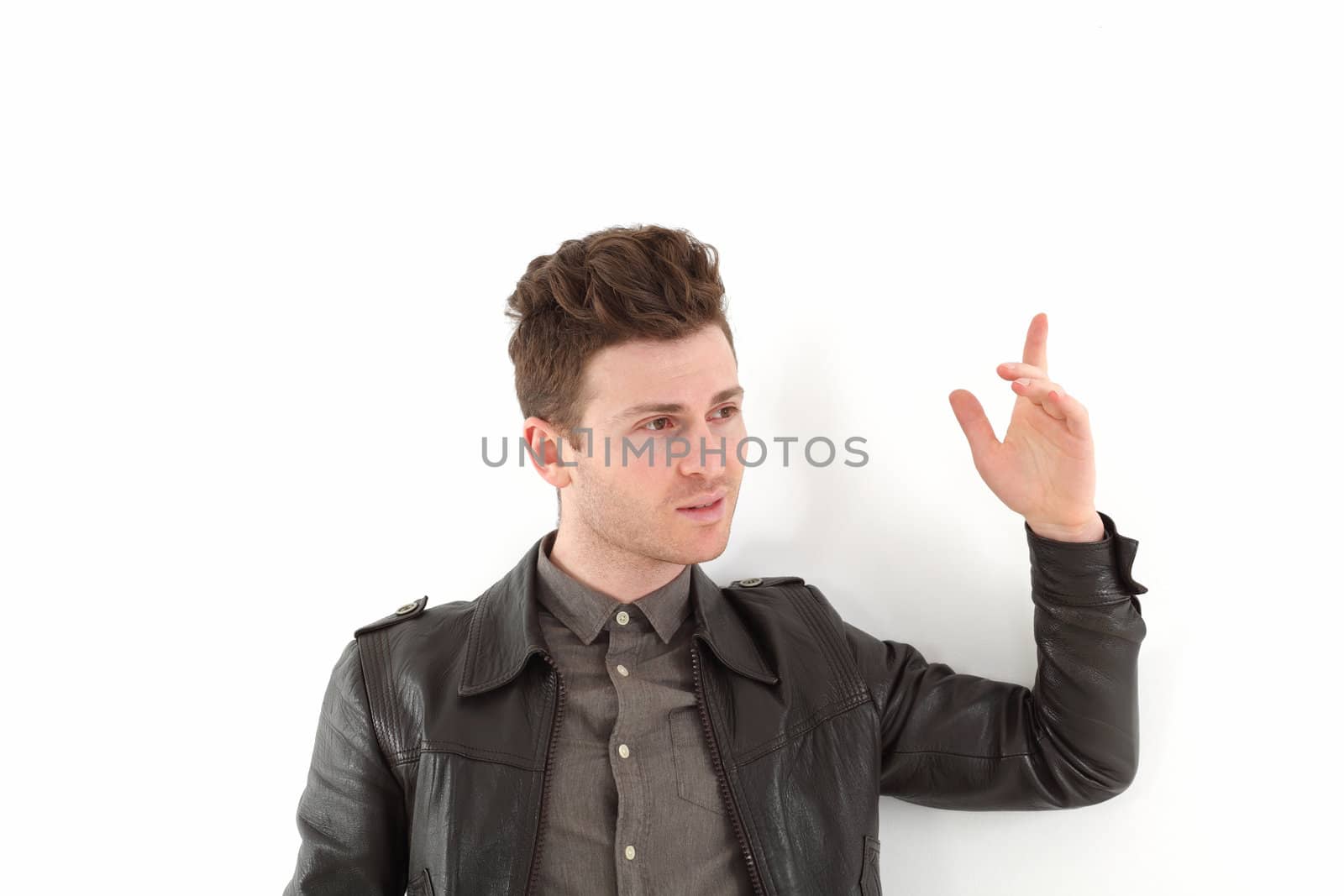 Young russian model on white background with leather jacket