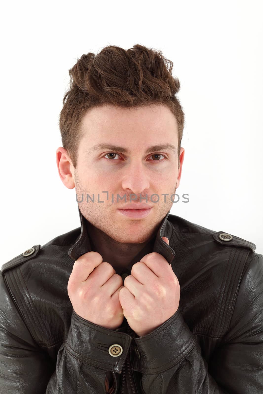 Young russian model on white background with leather jacket