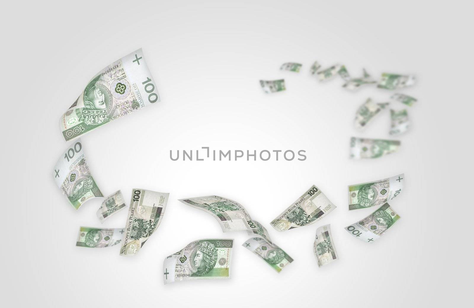 Flying moneys 100 PLN bills. Money falling in the white by simpson33