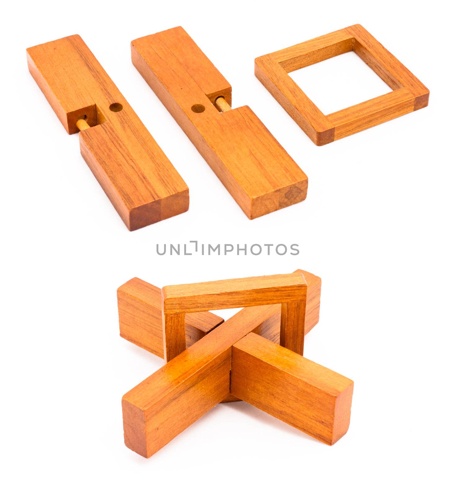 Wooden cross puzzle isolated on white in few different views