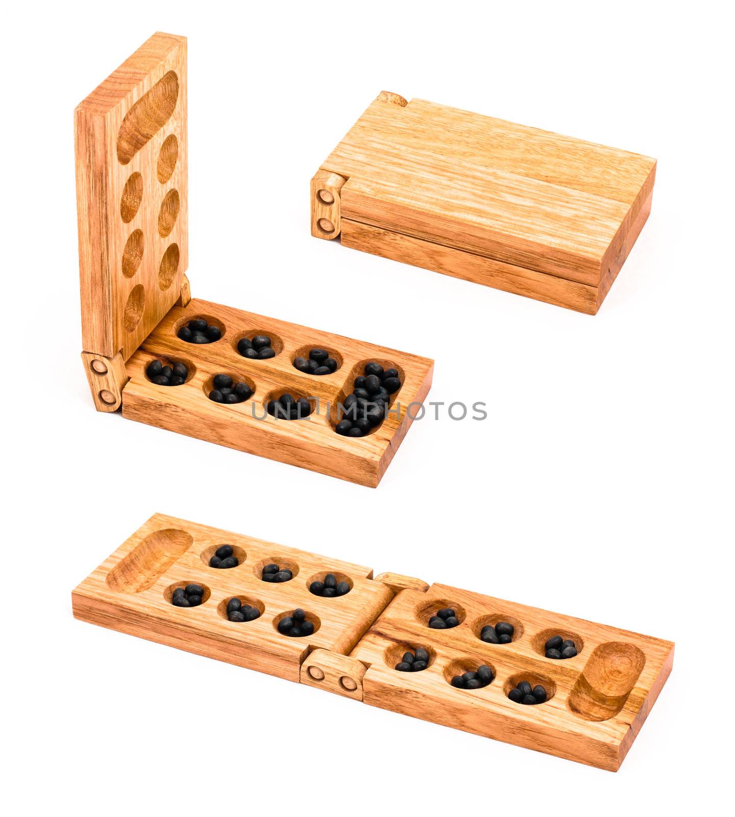 Wooden mancala isolated on white in few different views