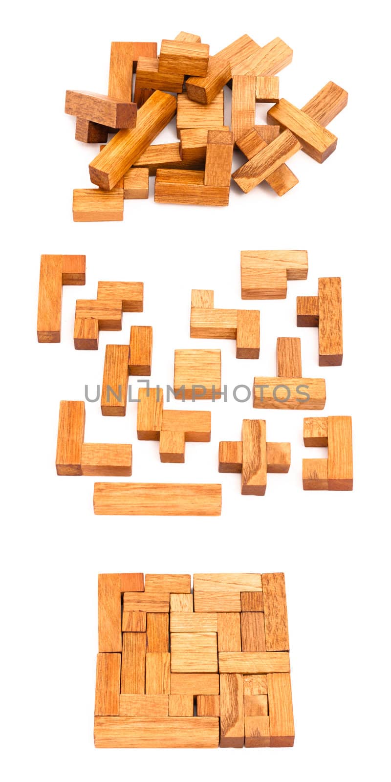 Wooden pentamino isolated on white in few different views