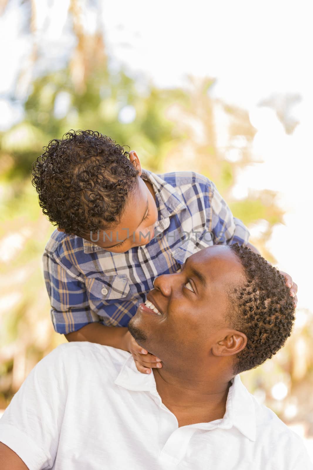 Happy African American Father and Mixed Race Son Playing Piggyback in the Park.