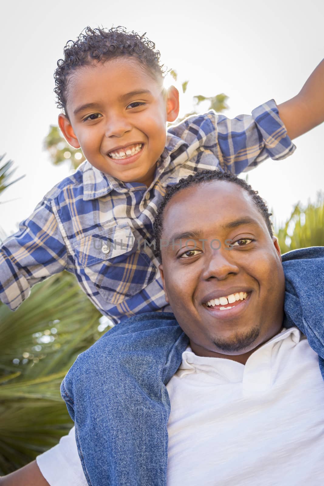 Mixed Race Father and Son Playing Piggyback in Park by Feverpitched