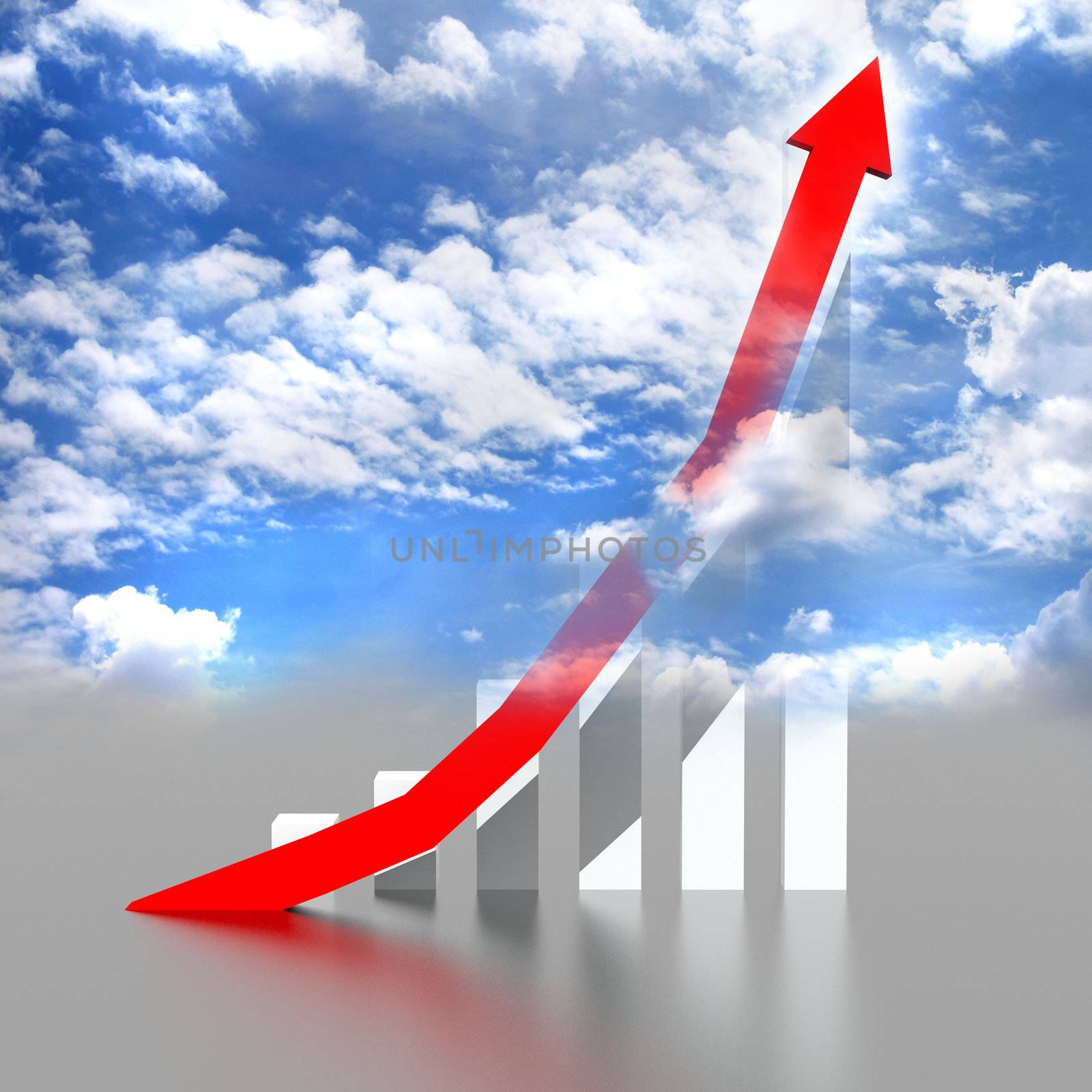 Business graph with going up red arrow on blue sky.
