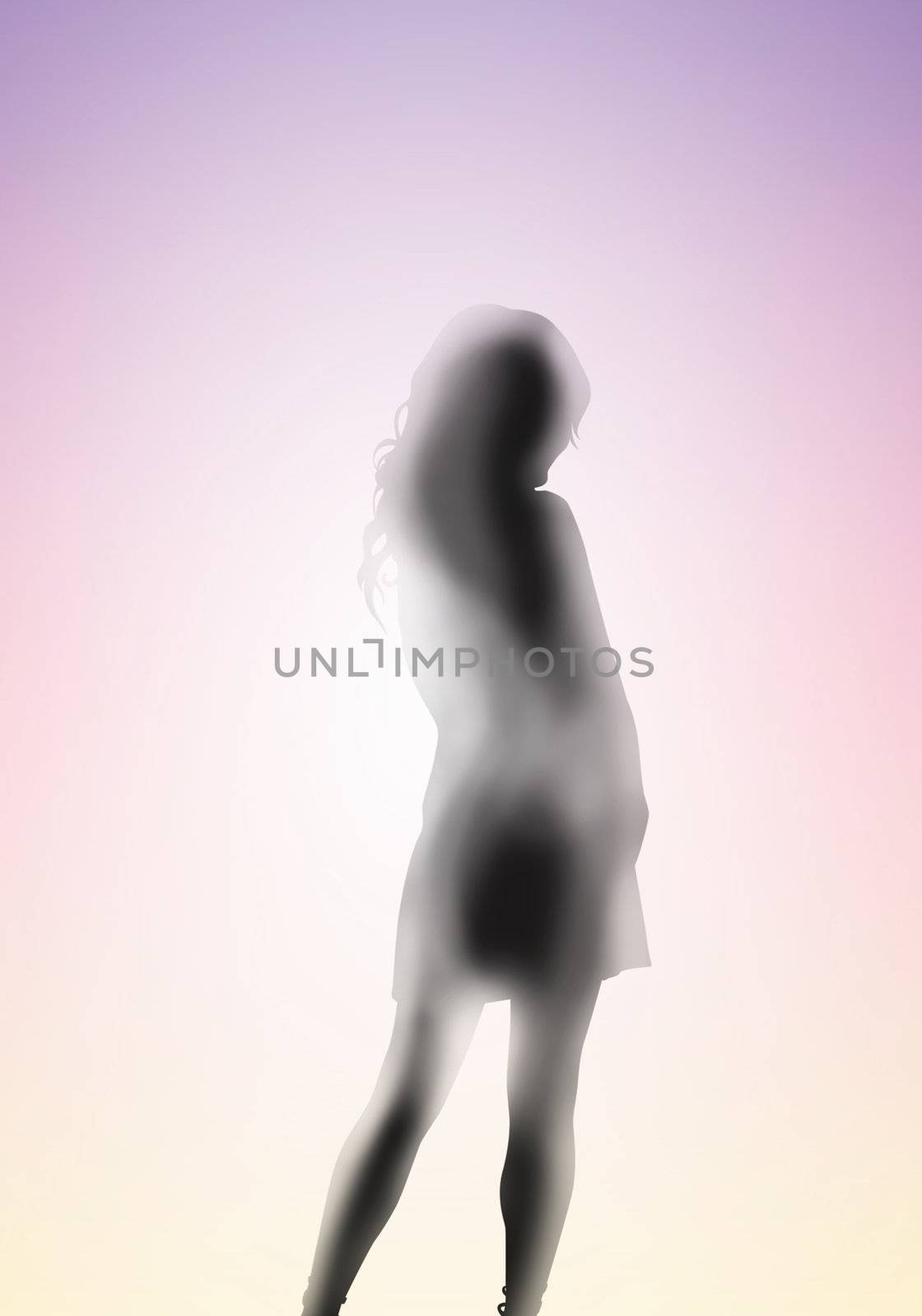 Image with a blurred female silhouette against colour background