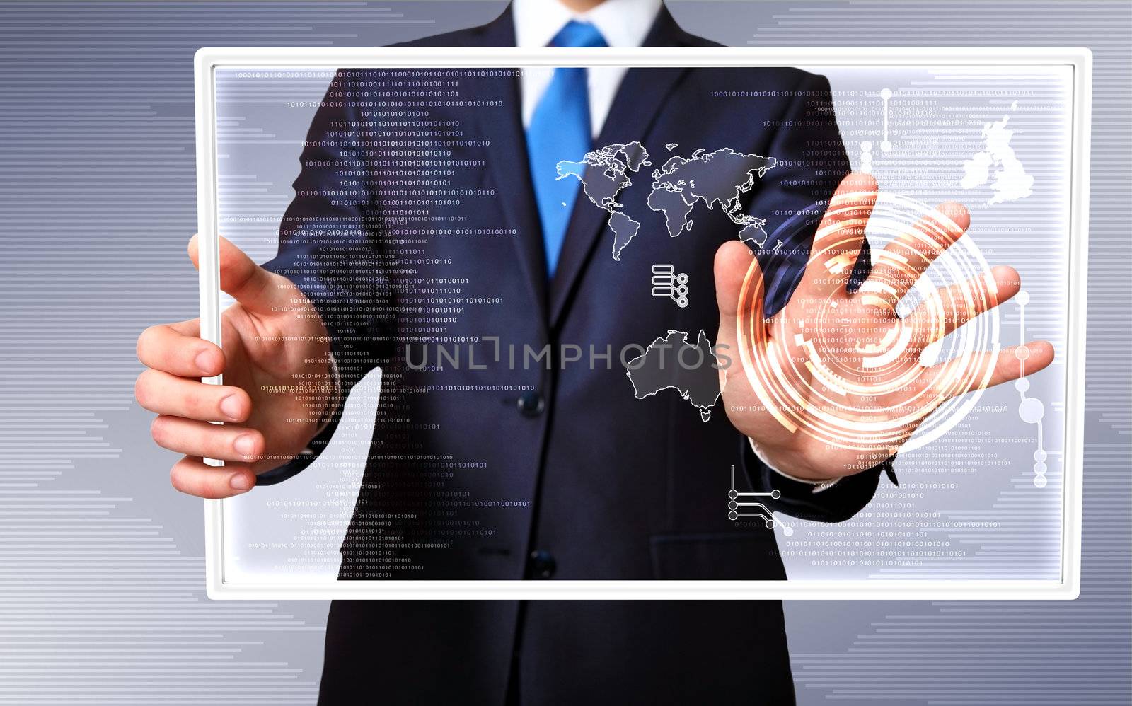 Businessman in blue suit working with digital vurtual screen