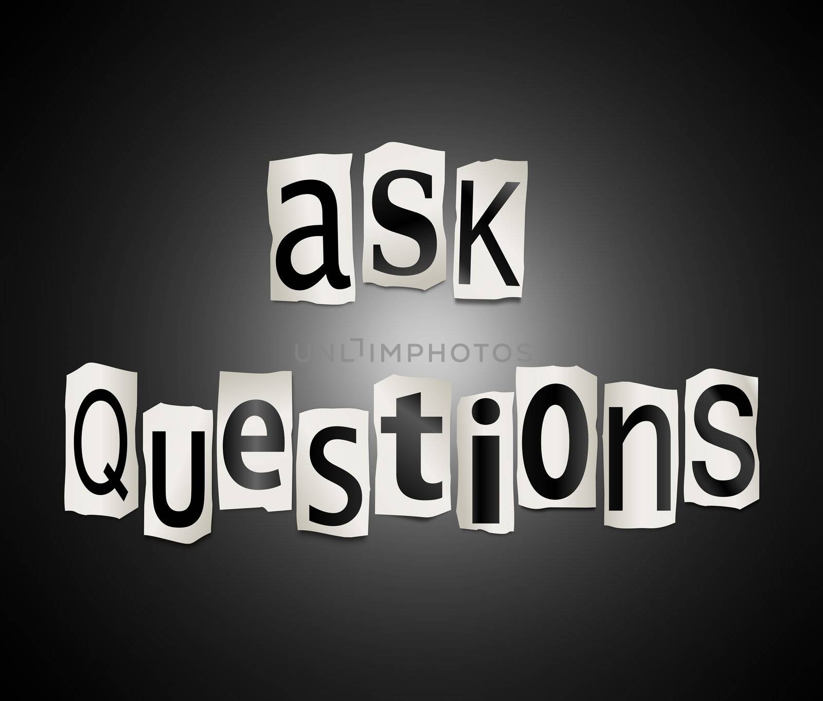 Illustration depicting cut out letters arranged to form the words ask questions.