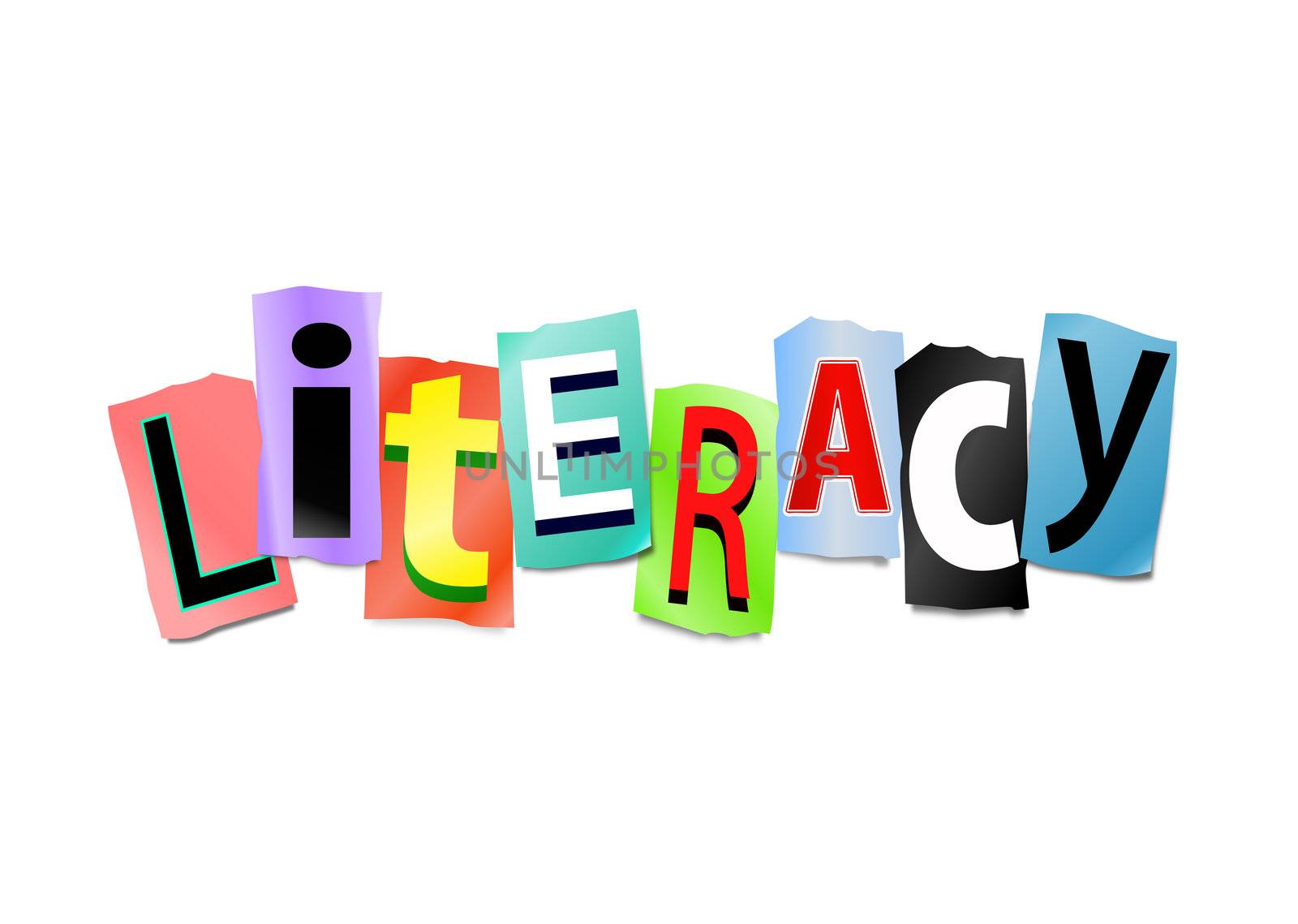 Illustration depicting cut out letters arranged to form the word literacy.