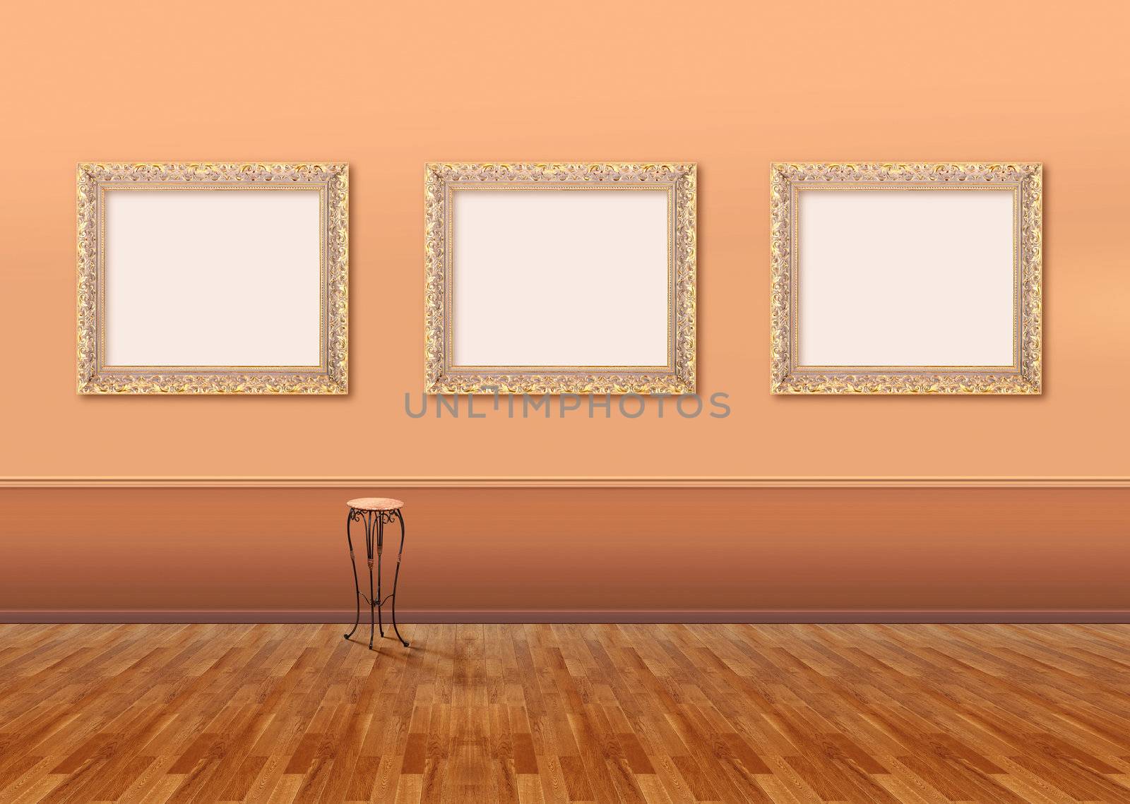 Contemporary museum gallery interior, blank paintings and photographs