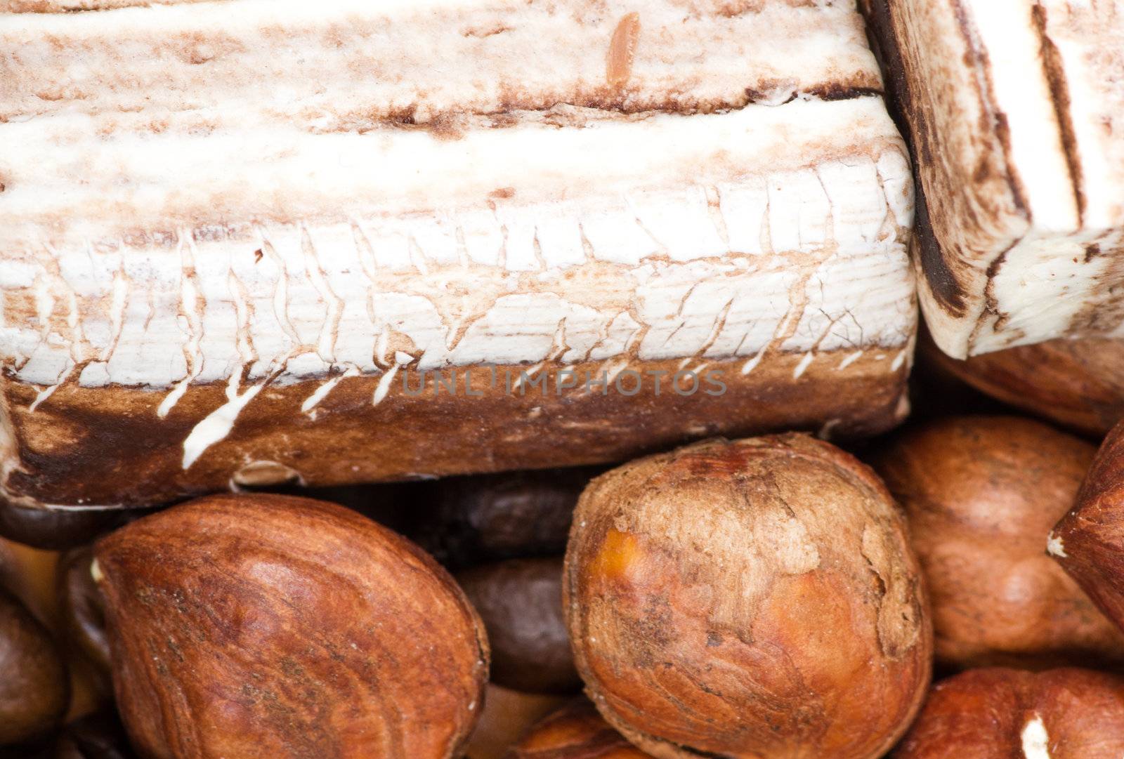 coffee beans, cinnamon and nuts background
