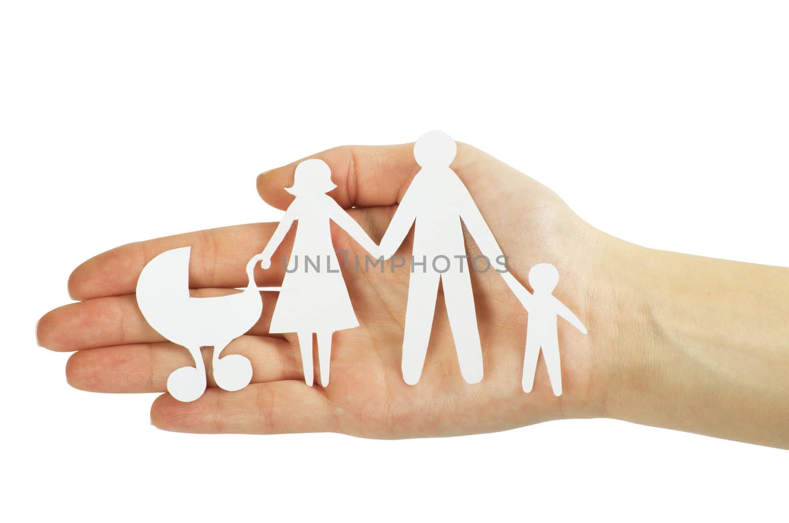 paper family in hands isolated on white