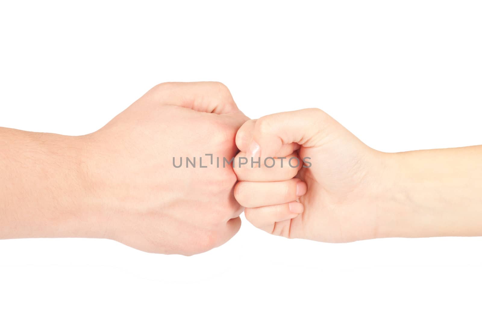 Two hands: man and woman, isolated on white