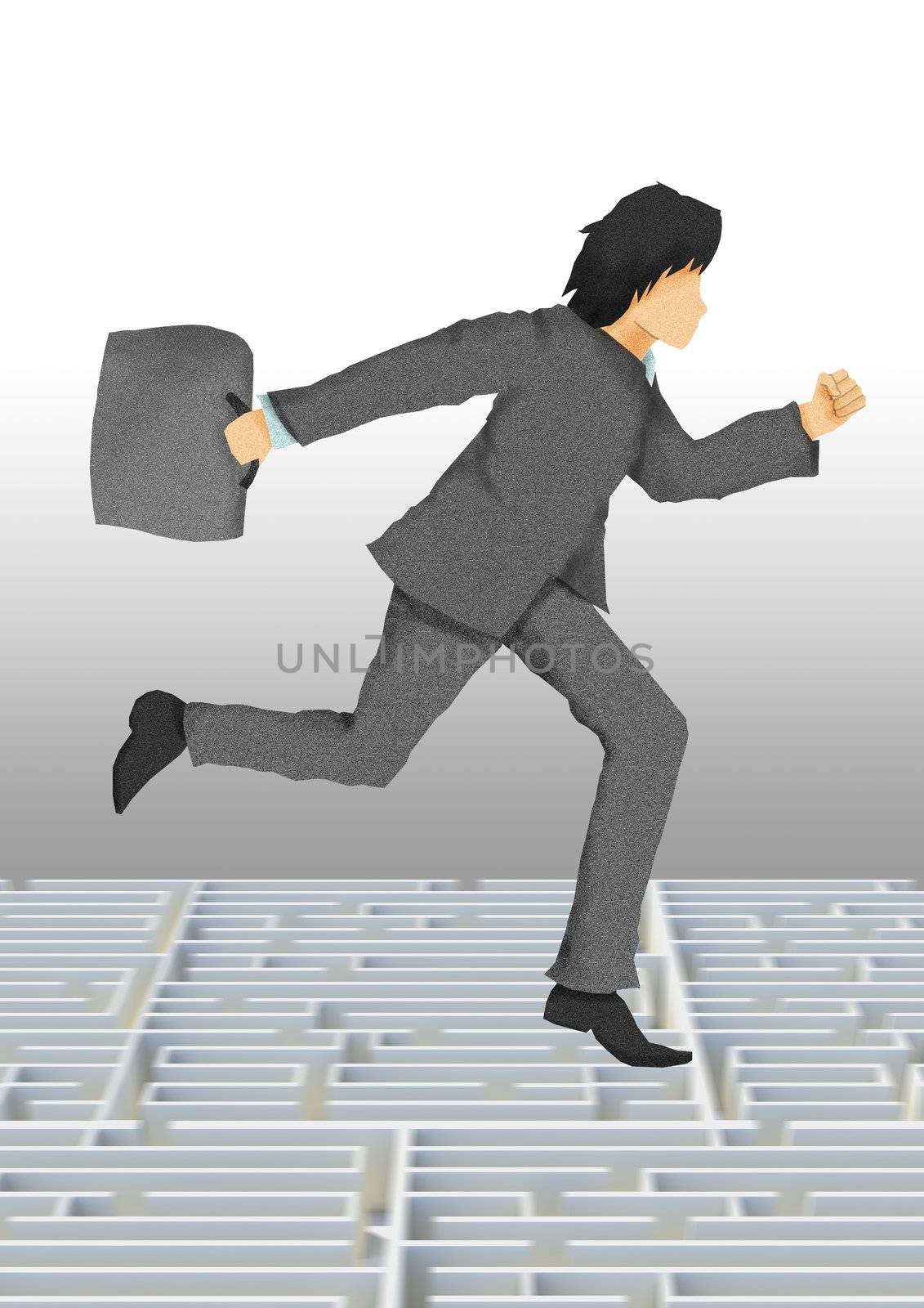 business man with briefcase running on maze by siraanamwong