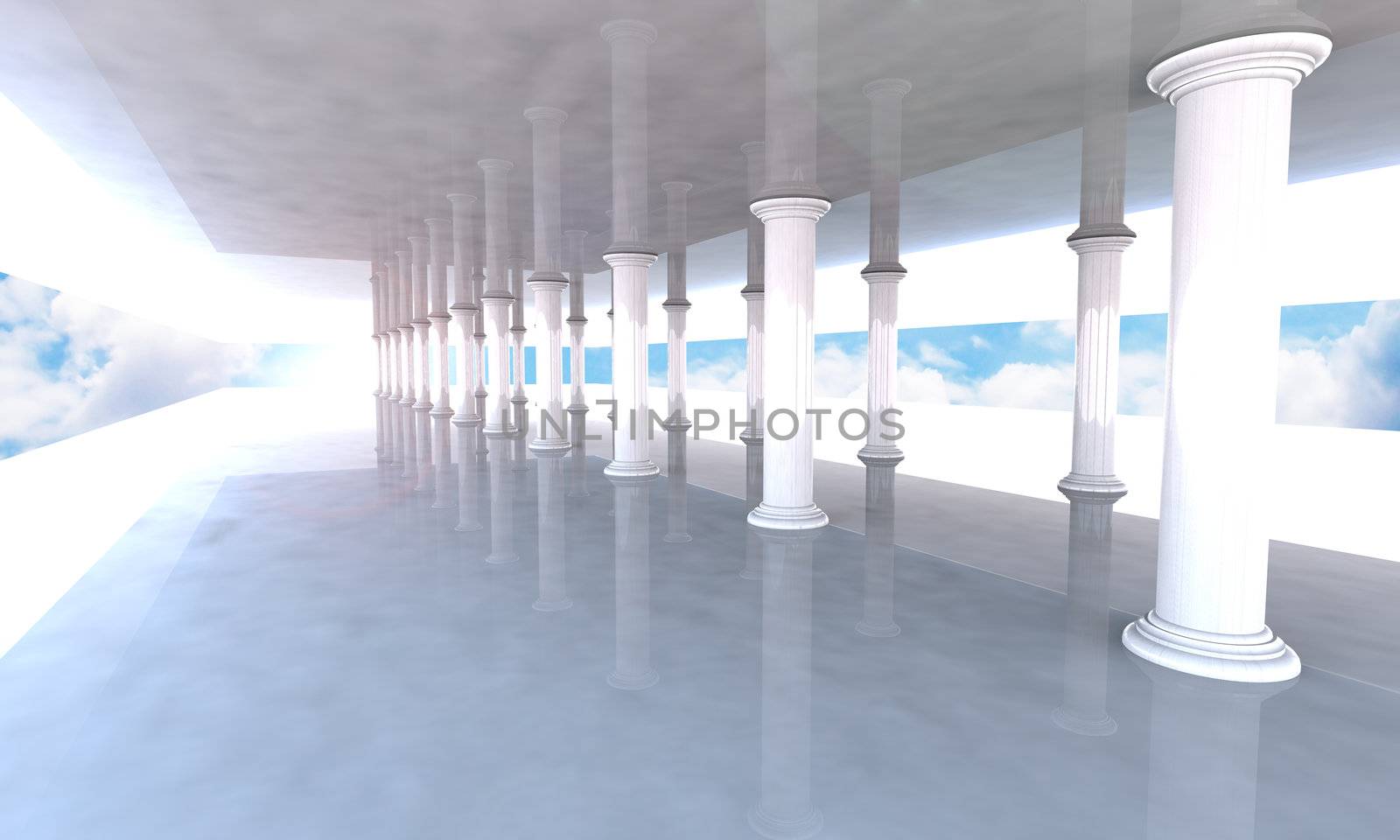 Classical colonnade with arcades and columns, on blue sky.
