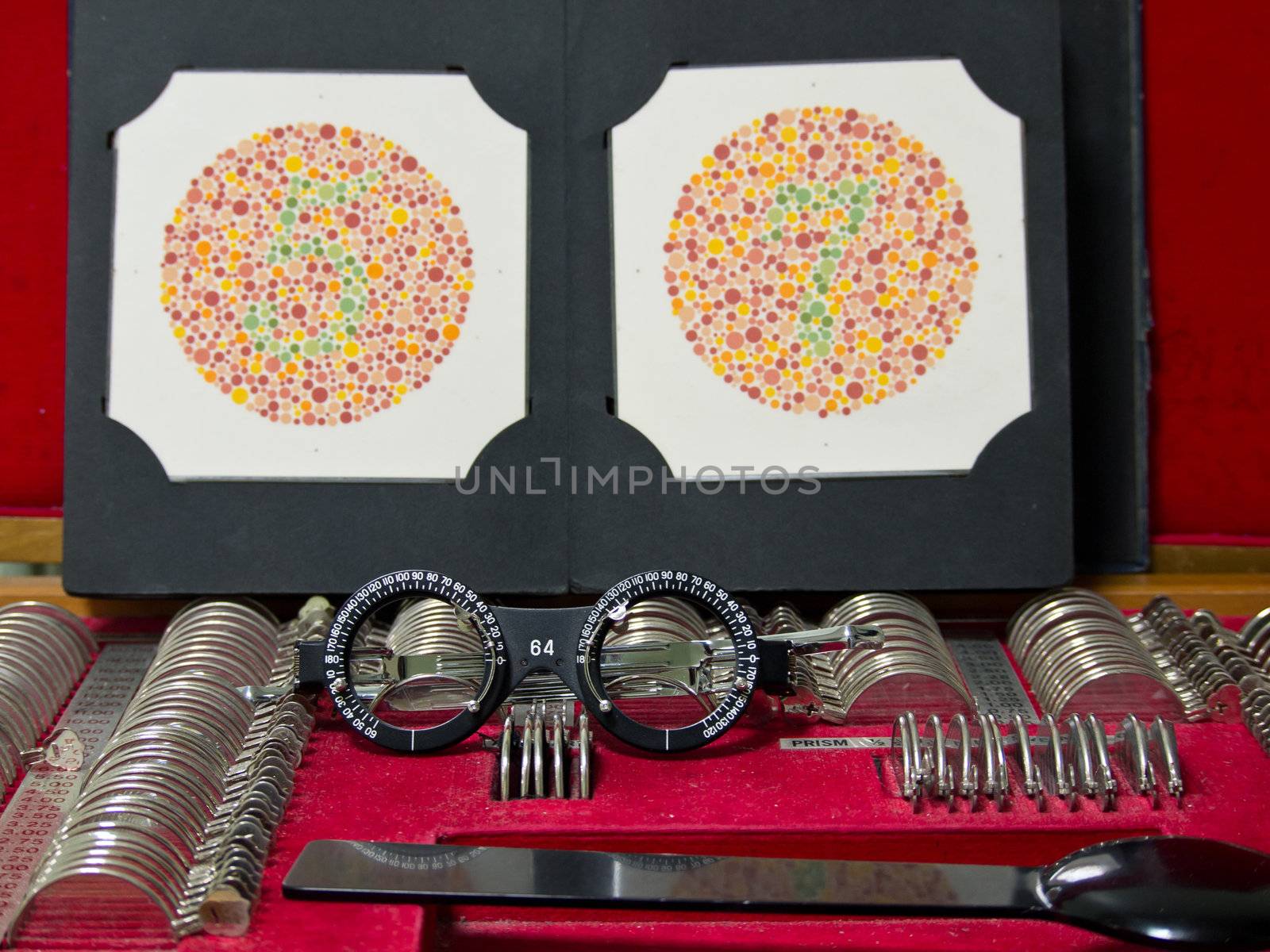 optometry lens, eyeglasses and color blind test