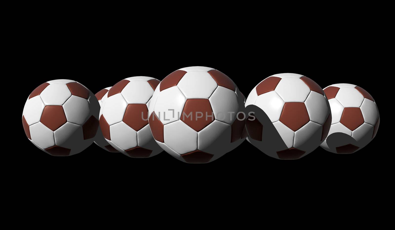3D rendered soccer balls on black background