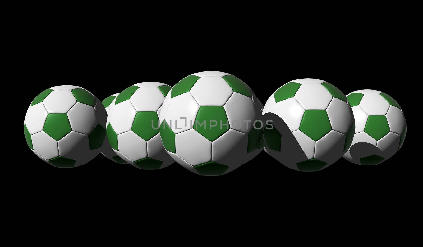 3D rendered  green soccer balls on black background