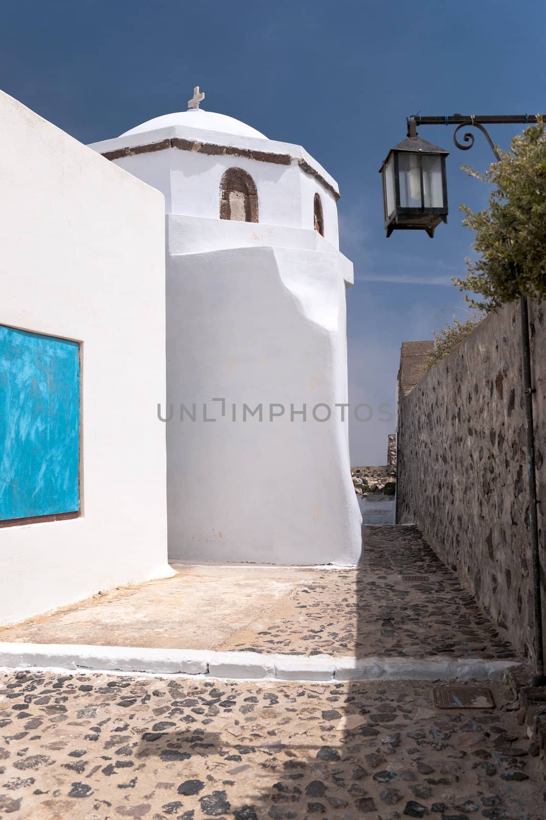 Small old greek church in Pyrgos village of Santorini island