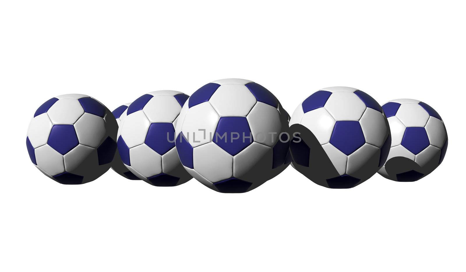 3D rendered blue soccer balls on black background