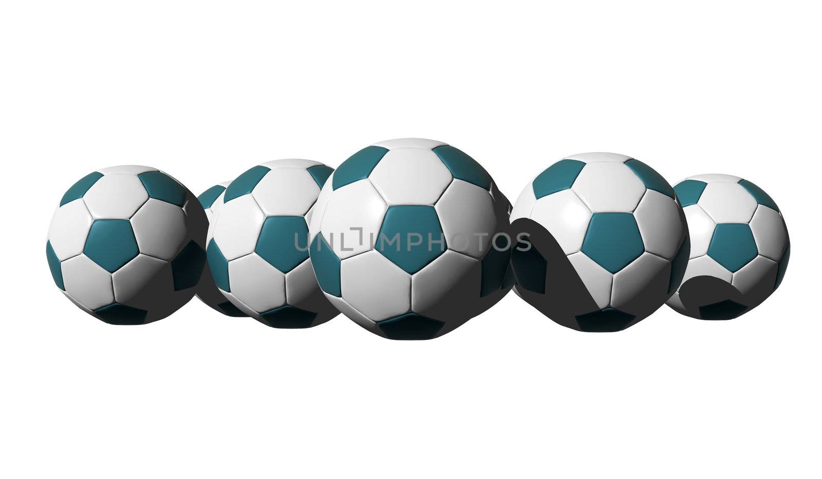3D rendered cyan soccer balls on white background